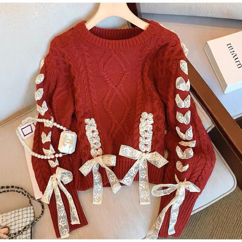 Red Sweater for the Year of the Dragon, Christmas Outfit with a Sense of Atmosphere, Bow Design, Knitted Top for Women, Autumn and Winter Red Sweater for the Year of the Dragon, Christmas Outfit with a Sense of Atmosphere, Bow Design, Knitted Top for Women, Autumn and Winter