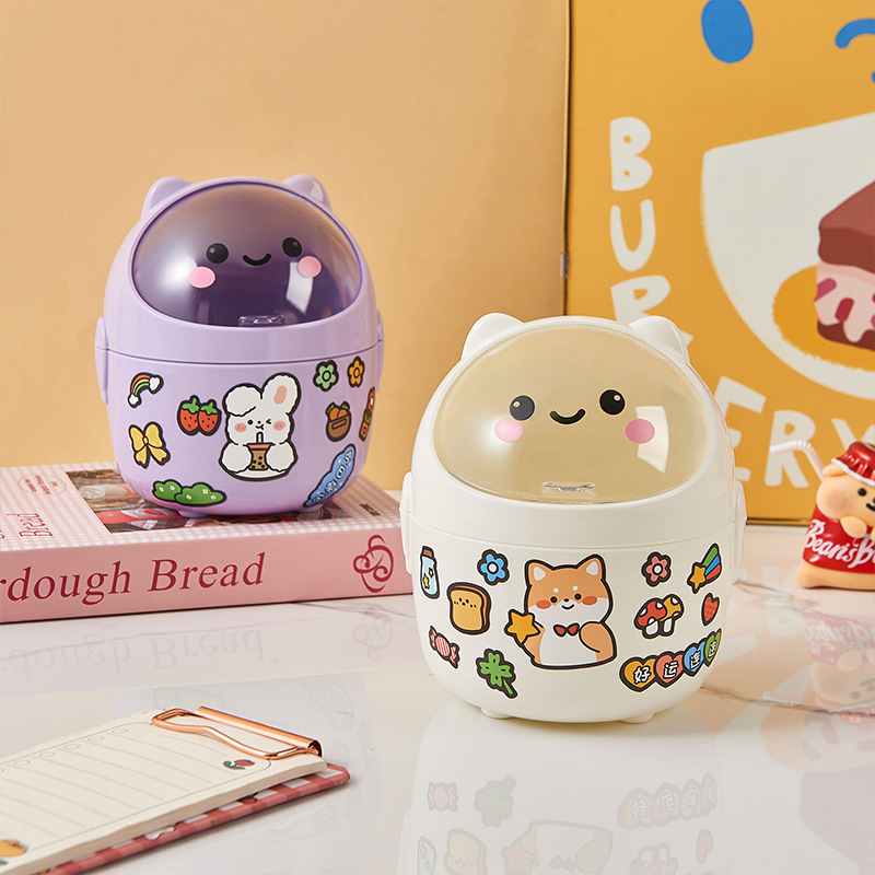 Cute Mini Desktop Trash Can with Lid Paper Basket Home Storage Bucket Office Living Room Student Storage Box Pen Holder