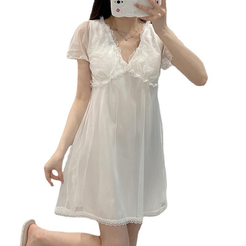 Pijamas de verano malla de hielo seda camisón chica dulce corte estilo grúa cuello en V manga corta vestido MIDI casa delgada