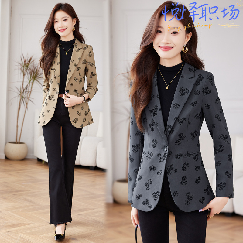 2024 Printed Suit 2022 New Spring and Autumn Korean-style plus size Short Slim-fit Retro Long-sleeved Suit Jacket for Women