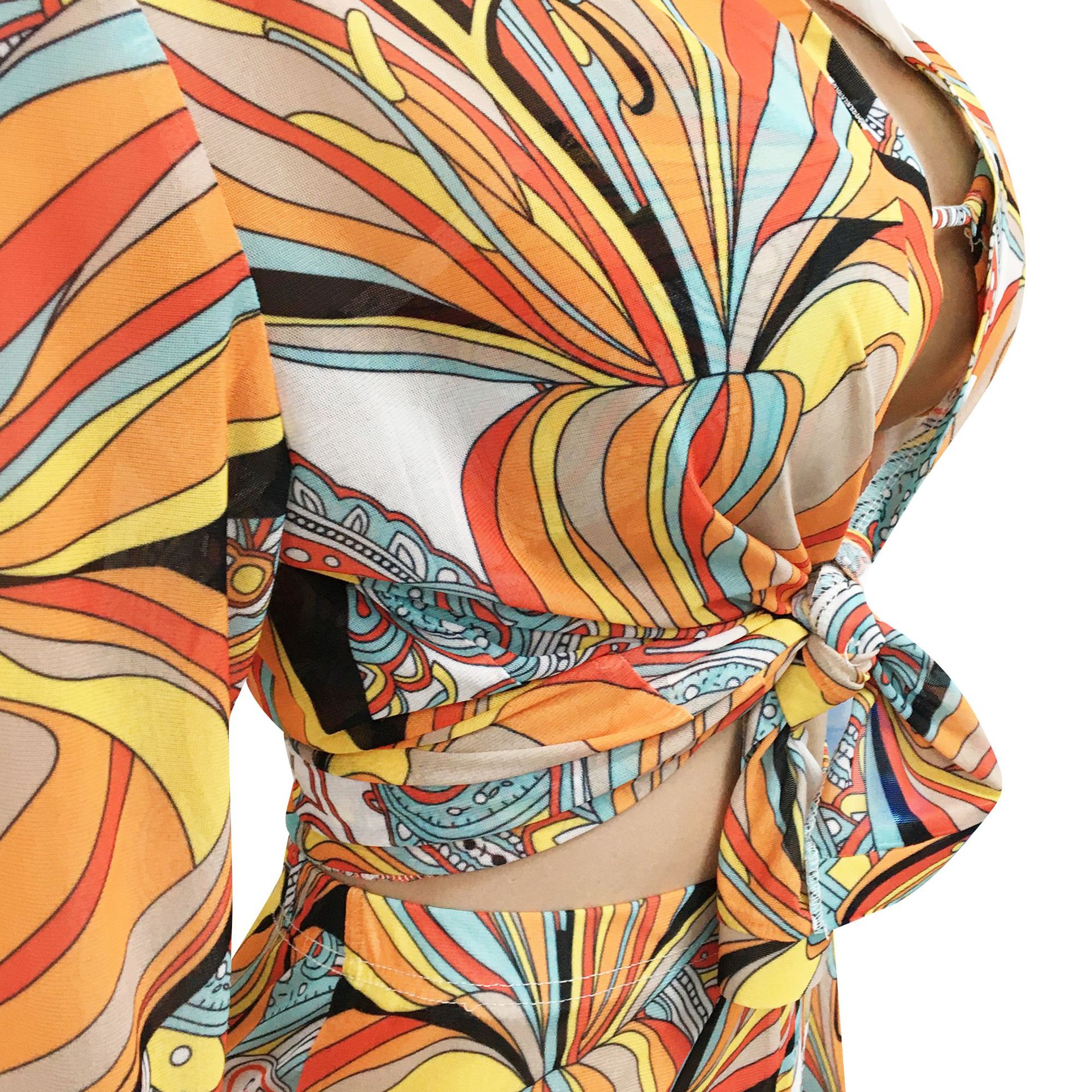 Sexy Mesh See-through Printed Long Sleeve Three-Piece Suit Women Clothing