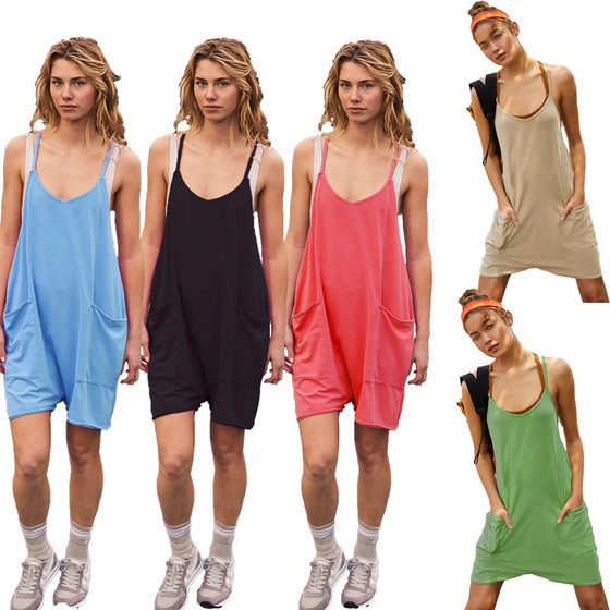 European and American Women's 2023 Summer New Amazon Casual Pocket Strap Knitted Shorts Jumpsuit Women