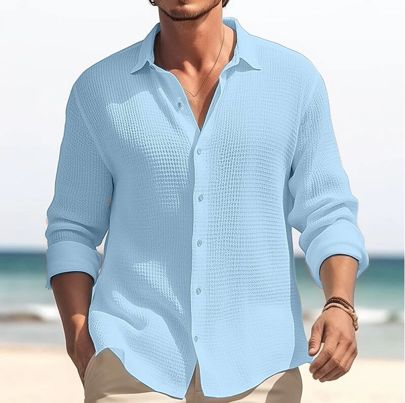 Cross-Border Popular Solid Color Men's Long-Sleeved Shirt Spring and Autumn Thickened Waffle Lapel Casual Shirt Long-Sleeved Top