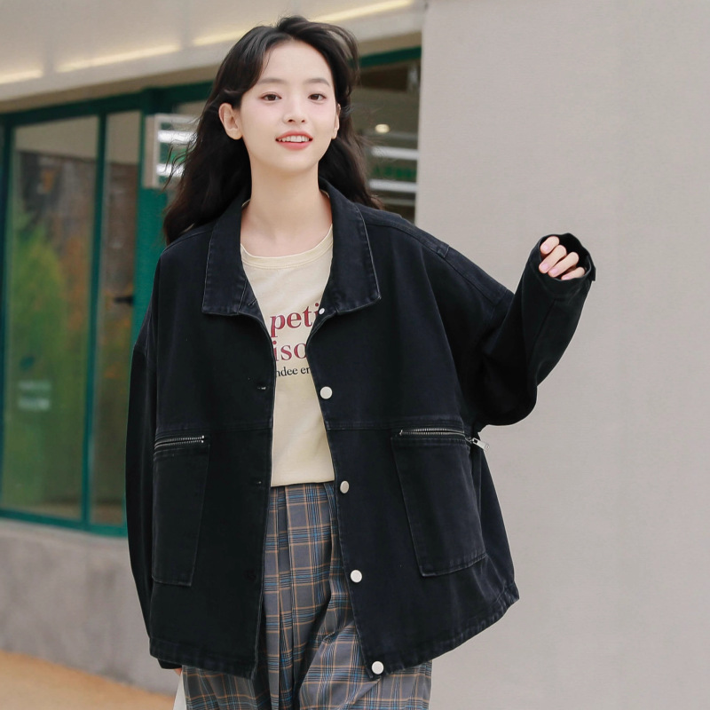 复古港风情侣款工装黑色牛仔外套女2025秋冬新款个性拉链翻领夹克|undefined