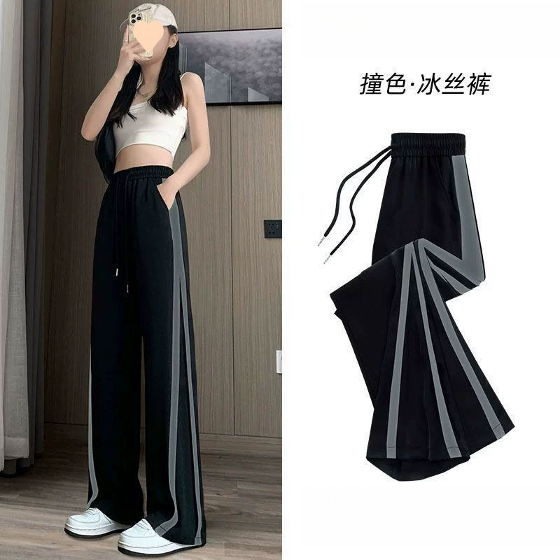 Повседневные широкие брюки из ледяного шелка для женщин, летние тонкие брюки 2025, новые черные прямые свободные спортивные брюки с высокой талией для миниатюрных размеров