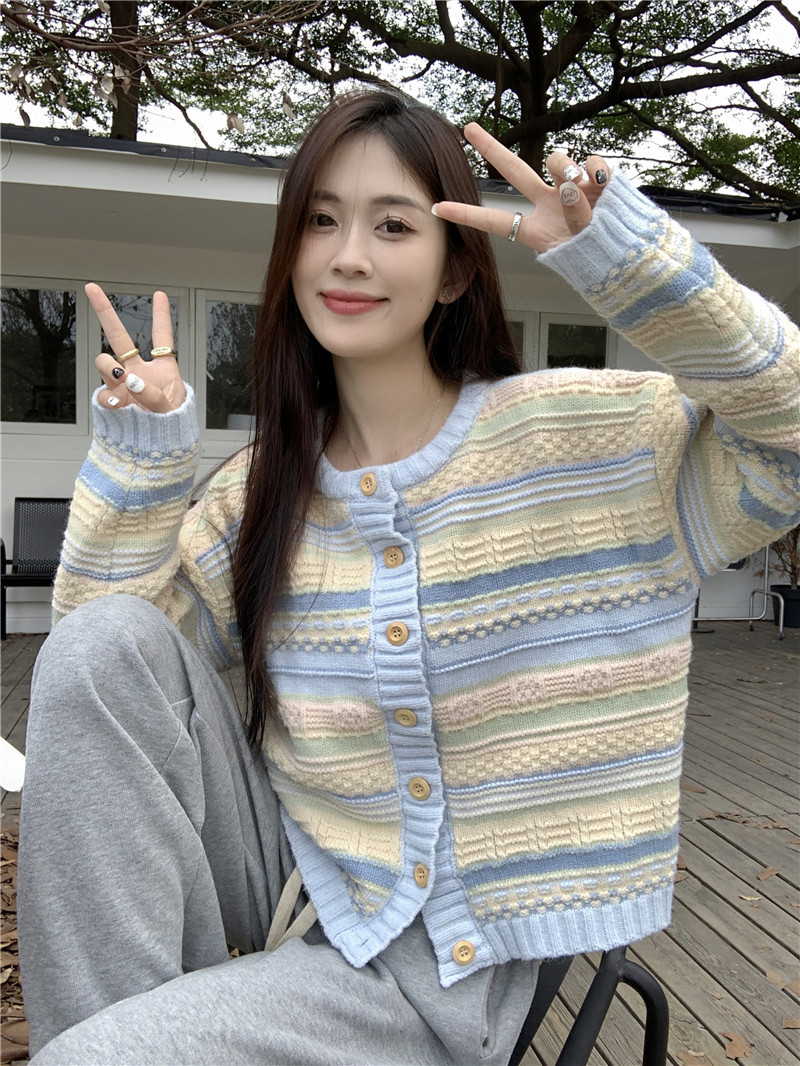 K New Loose Striped Cardigan Versatile Knitted Sweater Thin Open Cardigan For Women_voghion.com