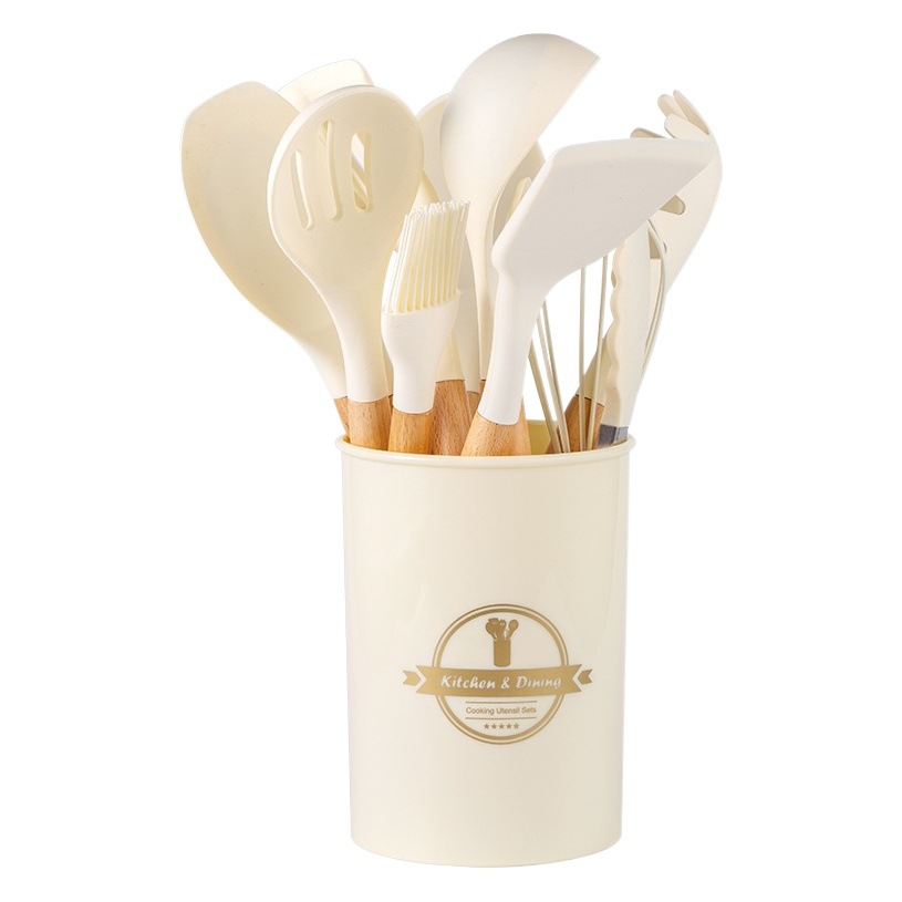 木の柄の白いシリコンの台所用品セット12点セットアマゾンの台所用品の鍋シャベル北欧ins風キッチンツール