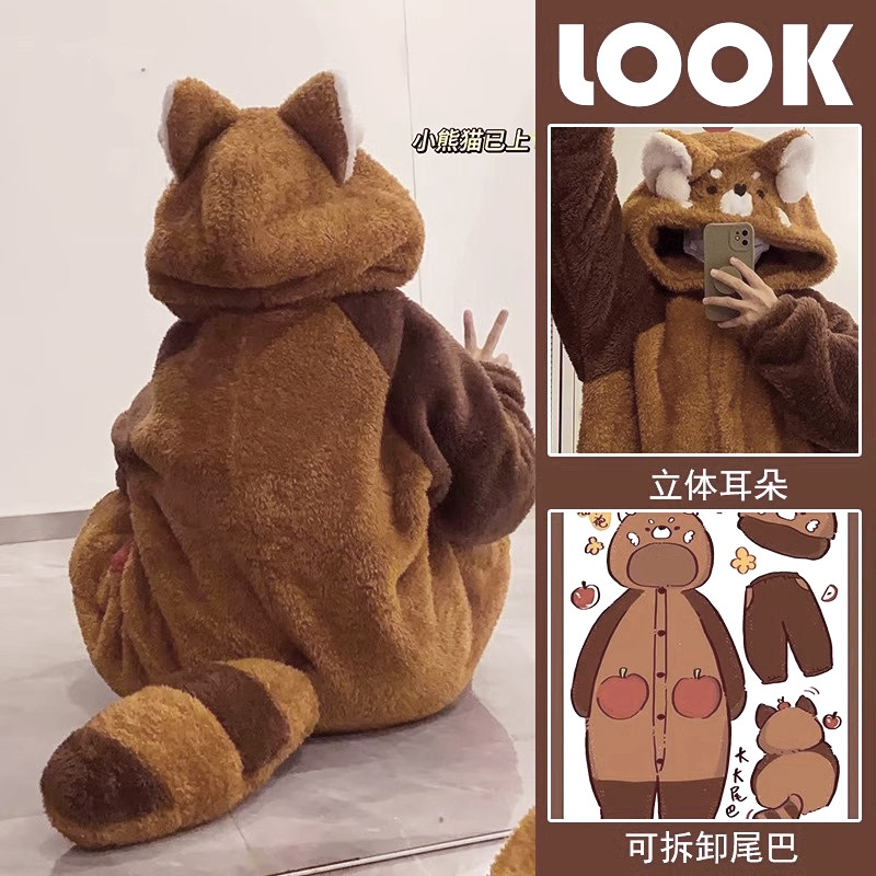 Raccoon Cartoon Sleeping Women's Robe Autumn and Winter Coral Fleece Thickened fleece-lined plus size Hooded Pajamas Men's Home Clothes suit