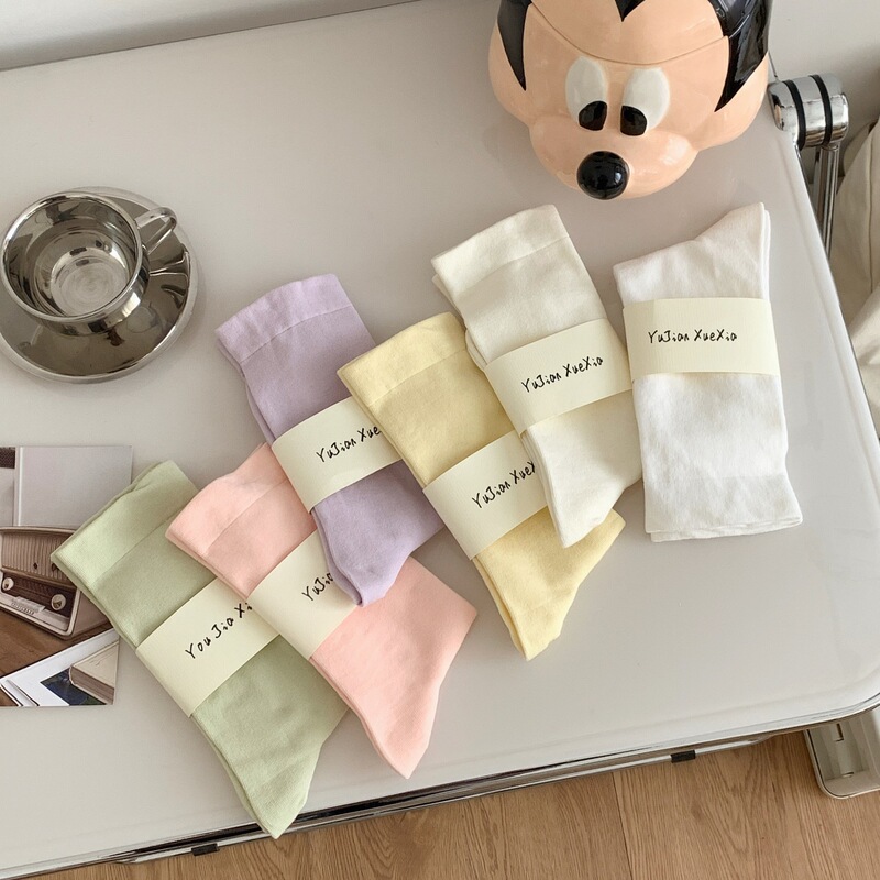 Solid Color Socks Women's Spring and Summer Japanese Macaron Color Loosen Stacked Stocking Boneless Moon Socks Women's White Stockings Autumn