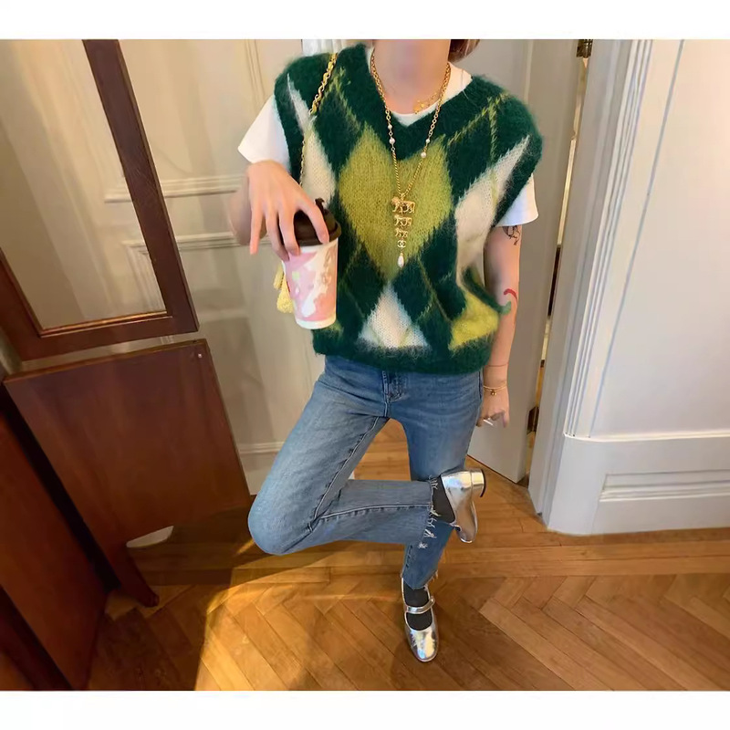 [in stock] MS rhombus mahair small vest women's summer new V-neck short loose top