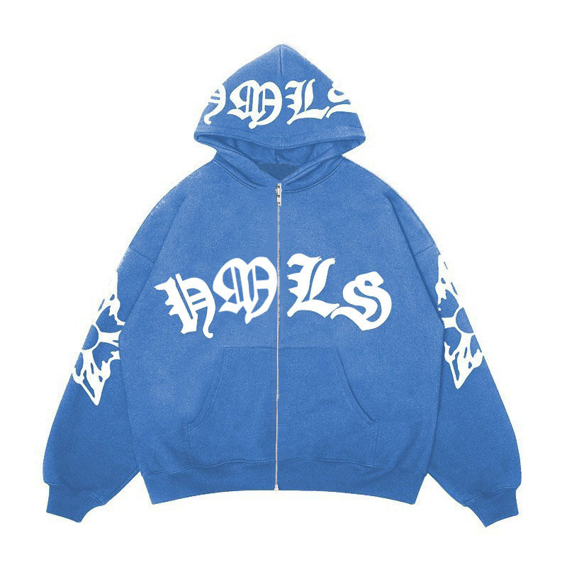 Felpa con cappuccio con cerniera e lettera stampata, marchio di moda hip hop alla moda da strada, cardigan da uomo e da donna_voghion.com