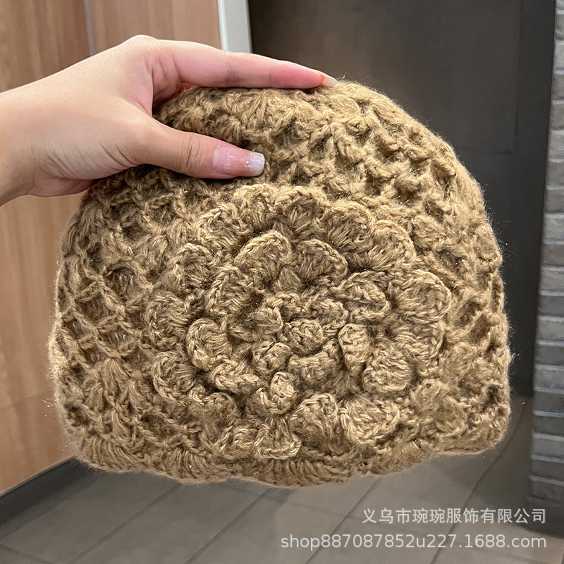 春秋季原创手工显脸小钩花立体花朵包头帽女款文艺复古针织堆堆帽|undefined