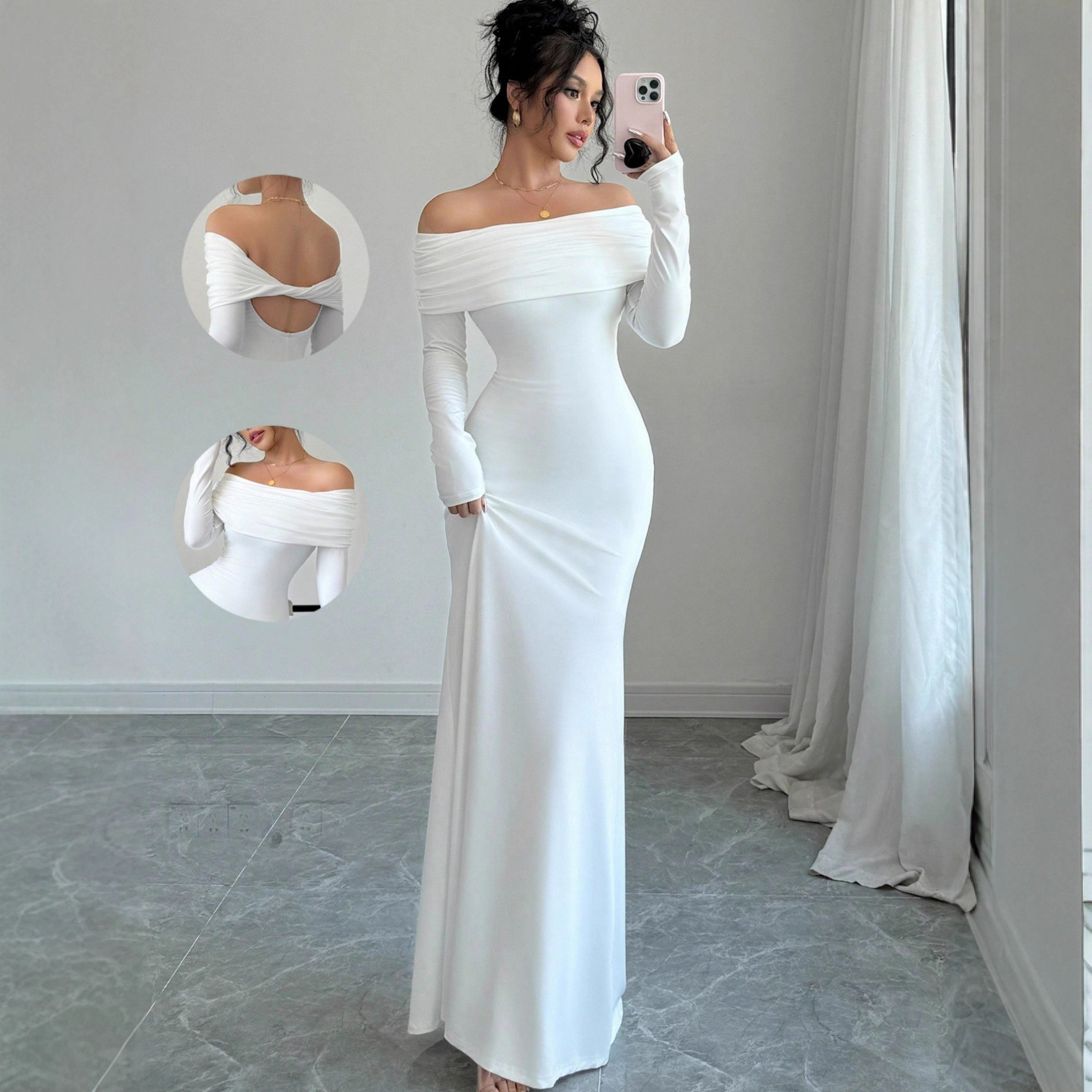 2025 New European and American Cross-Border Women's Clothing Cross-Backless Sexy Off-Shoulder Dress Elegant Long Dress Evening Gown