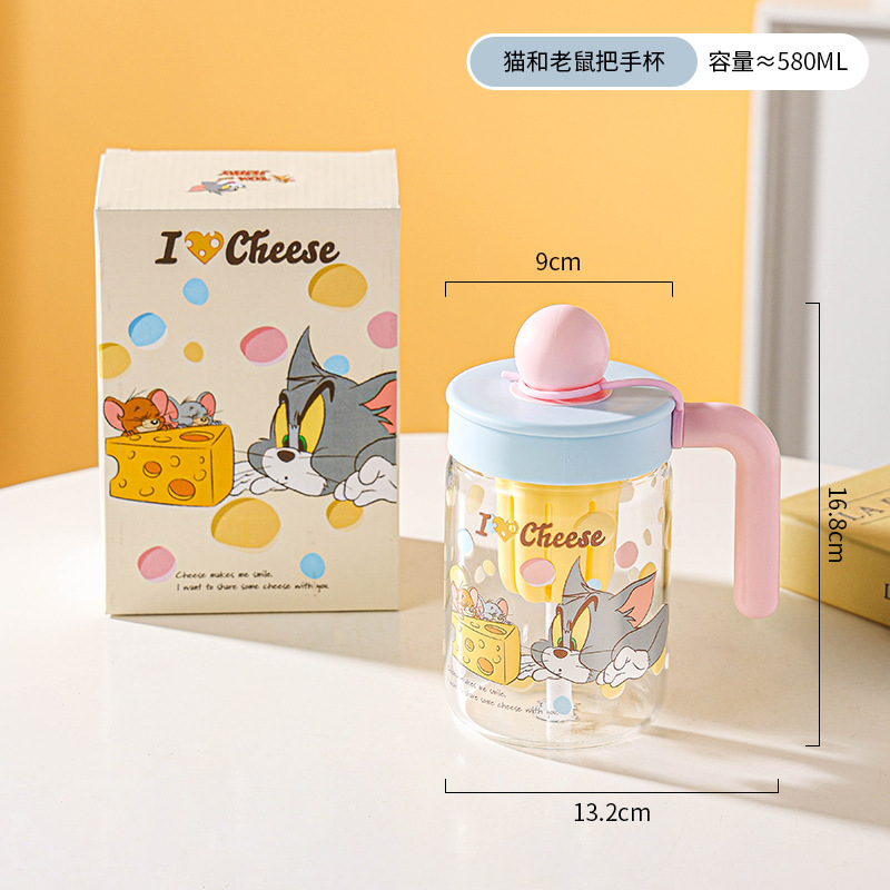 Nuevo gato y ratón Vaso de vidrio con alto contenido de borosilicato Vaso de agua de alto valor Vaso de paja de gran capacidad de verano Vaso de agua con fugas de té
