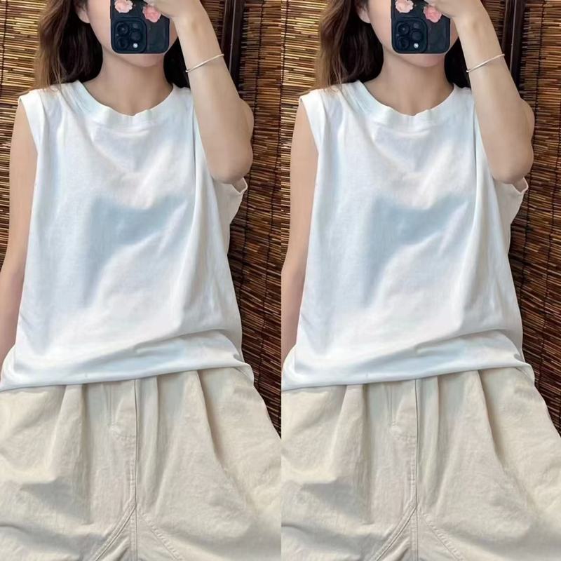 綿ルーズベストレディースアウター春夏ファットMM大きいサイズ痩身ラウンドネックノースリーブTシャツインナーレイヤリングトップ|undefined