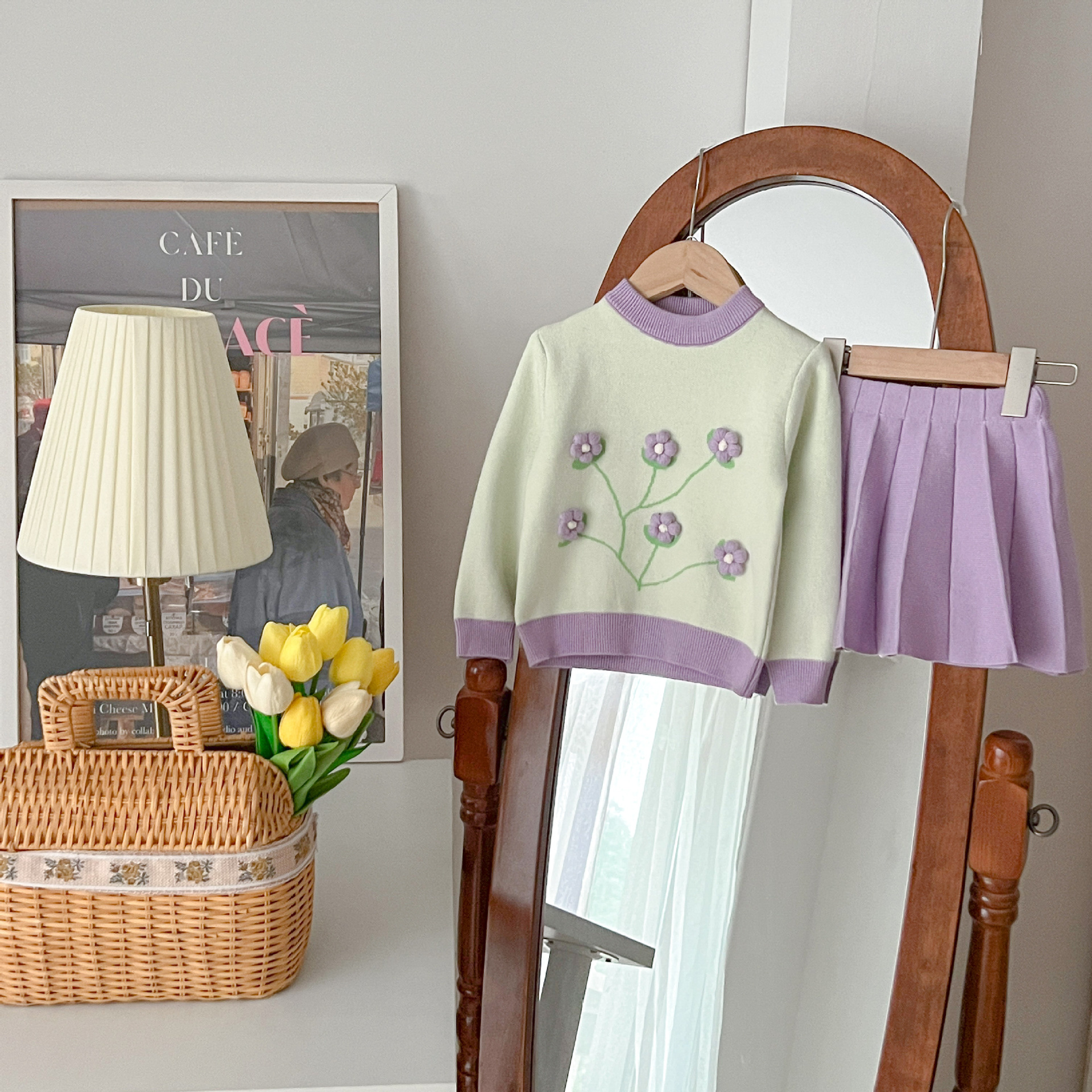 JINYONG Filles Exquis Petite Fleur Pull Haut Tricoté Fil Jupe Plissée Ensemble Automne/Hiver Style Occidental Femme_voghion.com