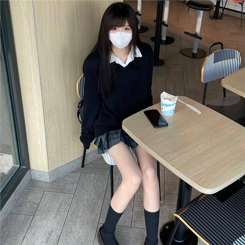 学院风秋冬新款jk制服毛衣套头v领长袖百搭少女软妹外穿针织衫