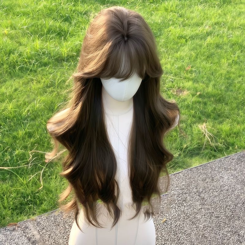 【إشارة الحب】شعر مستعار كوني للنساء، غرة، طراز كوري طبيعي حلو، شعر مموج طويل للرأس بالكامل.