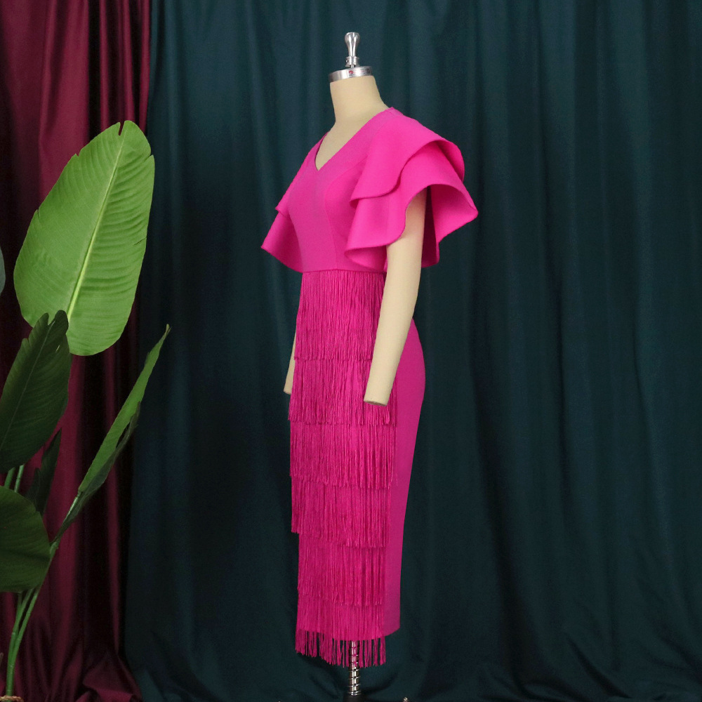 Women's Clothing Rose Red Tassel Skirt Ruffle Sleeve Sexy V Neck Large Size 4XL Dress Party Dress_voghion.com