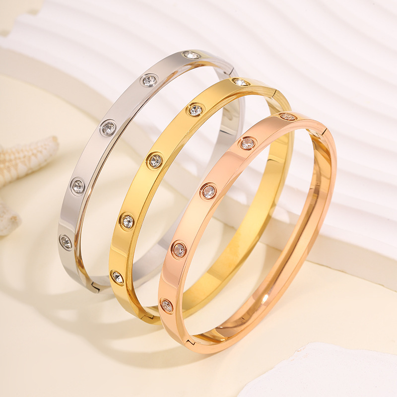 Classic Full Diamond Titanium Steel Bracelet for Women, Amazon Cross-Border Hot-Selling Fashion Bracelet, Gift to Best Friend, Gold Bracelet with Ten Diamonds