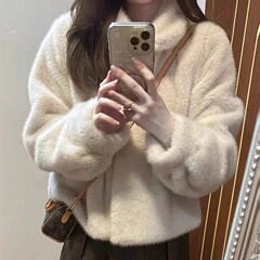 【特拍清】环保毛毛外套女短款秋冬立领宽松新款小个子水貂绒皮草