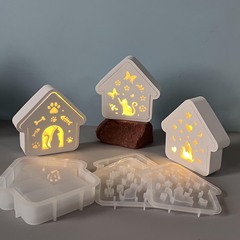 猫咪房子氛围灯硅胶模具动物房子节日装饰石膏滴胶模具