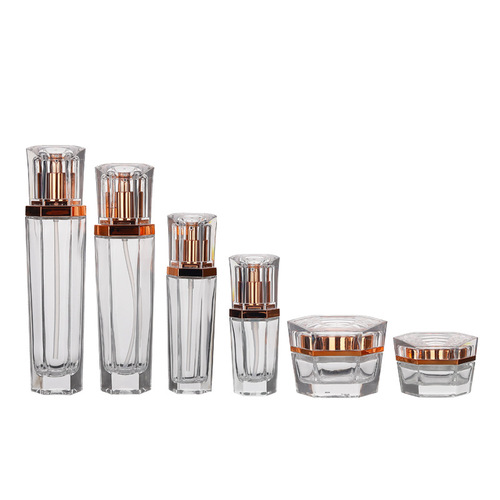 New six-sided glass empty bottle for cosmetic set, suitable for toner, essence, emulsion, cream, and ointment bottles