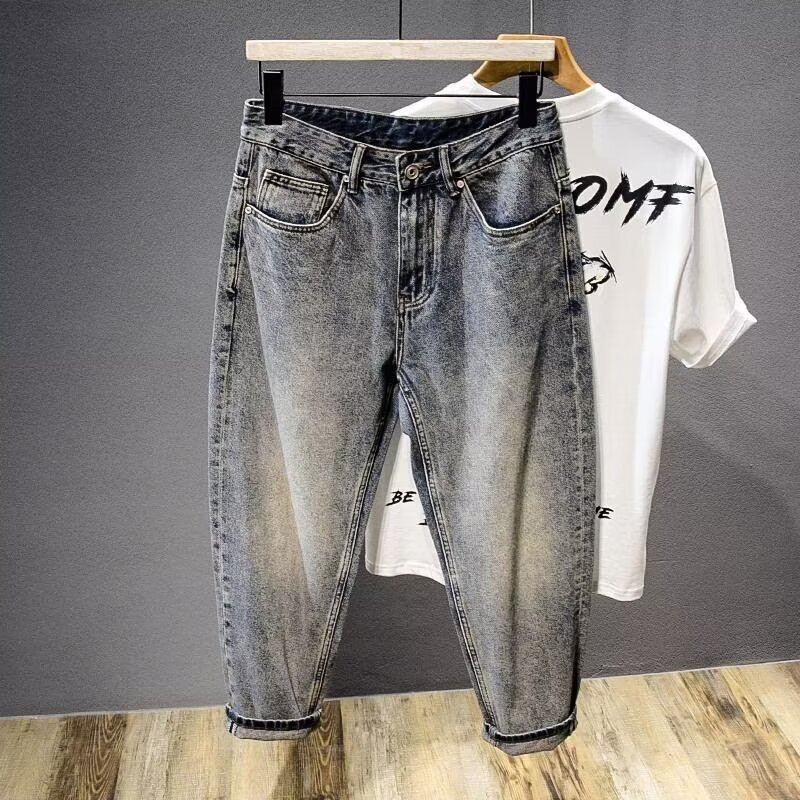 High-End Dad-Style Cropped Jeans for Men, Plus-Size, Short Legs, Stylish, Trendy Brand, Versatile, Loose Fit, Petite Pants