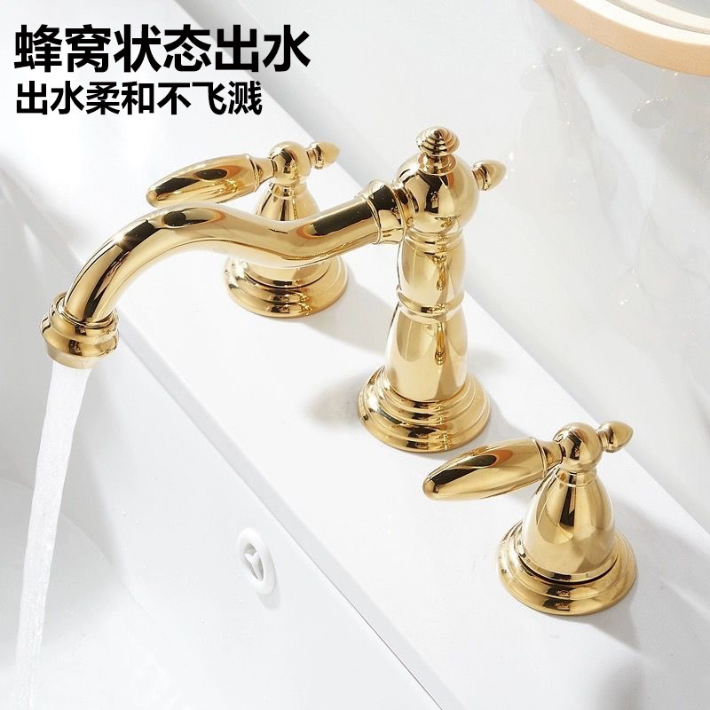 Gold Brass Three-Hole Basin Faucet 8-Inch Split-Type Hot and Cold 3-Hole Bathroom Faucet Under-Counter Basin Electroplated Brass