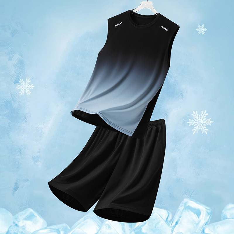 Traje deportivo para hombres, traje casual para hombres de verano, pantalones cortos de chaleco de secado rápido transpirables de dos piezas sueltos con gradiente impreso para hombres