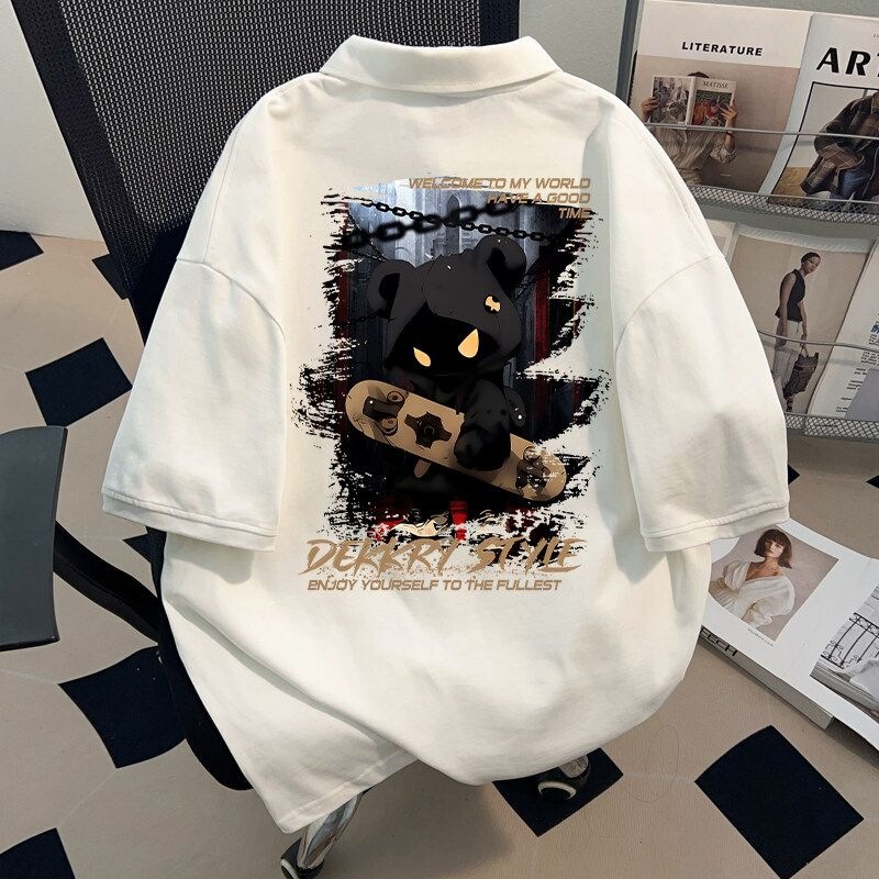 Skateboard Bear English Print Short Sleeve T-Shirt Polo Collar Summer Loose Fit Student Couple Top Skateboard Bear English Print Short Sleeve T-Shirt Polo Collar Summer Loose Fit Student Couple Top