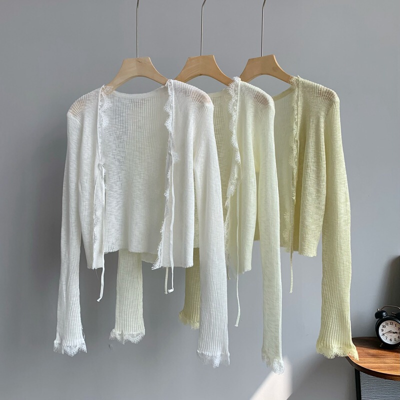 Real shot ◆ French style lace stitching gentle skin-friendly Joker solid color coat air conditioning cardigan sunscreen clothing