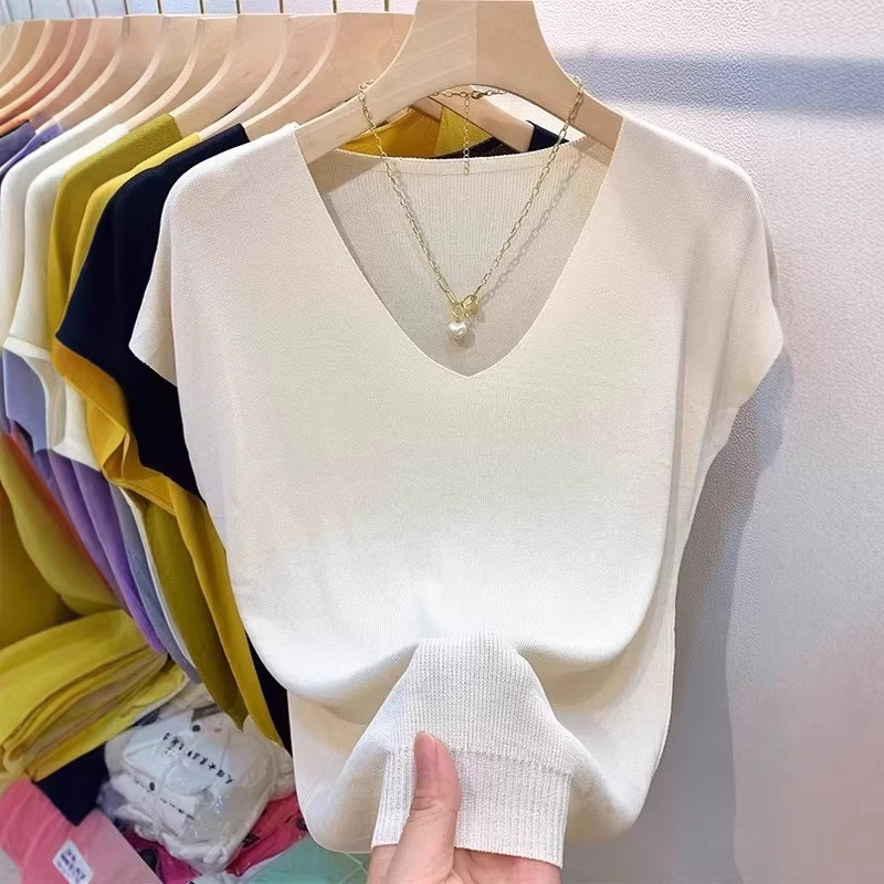 Versatile Solid Color Collared Knit Top for Women, Summer Design, Comfortable, Lightweight, Casual Ice Silk Short-Sleeve Shirt