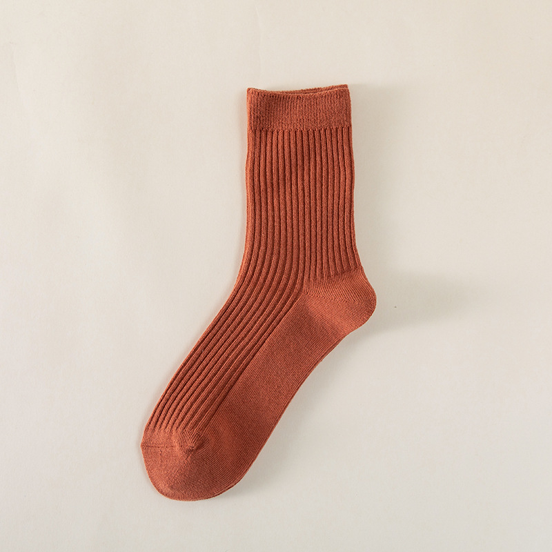 Otoño e invierno calcetines de aguja doble a rayas verticales algodón Mediados de la pantorrilla de color sólido de algodón peinado cordón cálido transpirable calcetines de algodón absorbentes de sudor