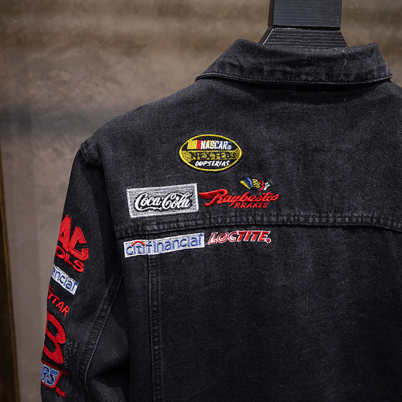 Moda marca ripped bordado abrigo de primavera y otoño de los hombres chaqueta de mezclilla suelta de moda chaqueta de la juventud casual de manga larga mapache