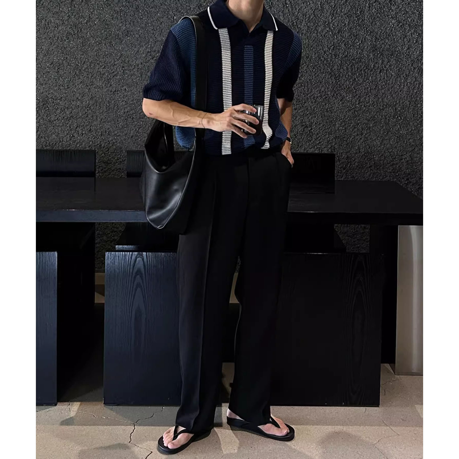 POLO camisa solapa suéter de manga corta hombres rayas huecas negocios británicos verano hielo seda marea comercio exterior transfronterizo al por mayor