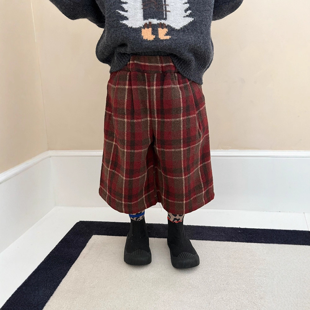 儿童格子毛呢七分裤马裤2025冬装新款韩版女童红色格子阔腿裤