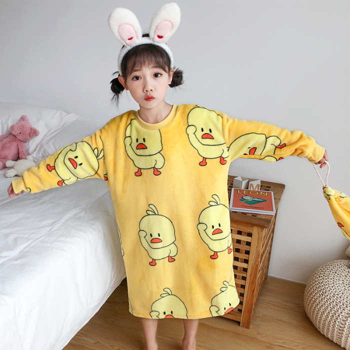 新品韩版女童家居服睡袍法兰绒中大童睡裙保暖睡衣送布袋柔软