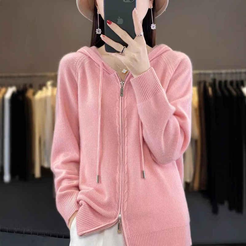 2025 New Autumn and Winter Knitted Knitwear Cardigan Korean Style Women's Blended Wool Hoodie Double Zipper Hooded Knitwear Jacket