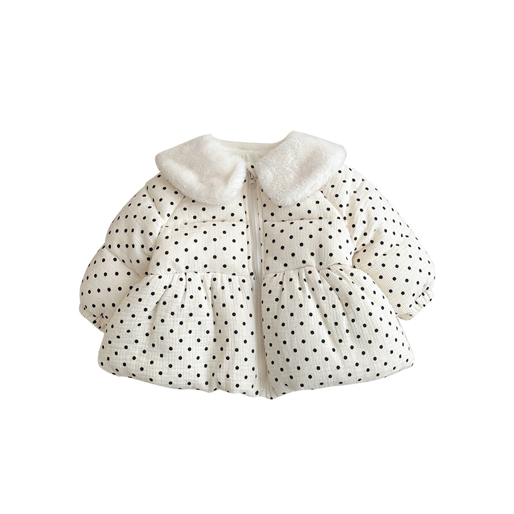 2024 invierno abrigo coreano para bebés y niños pequeños lindo vestido de salida de lunares para niñas chaqueta de algodón de gas extranjero grueso y cálido