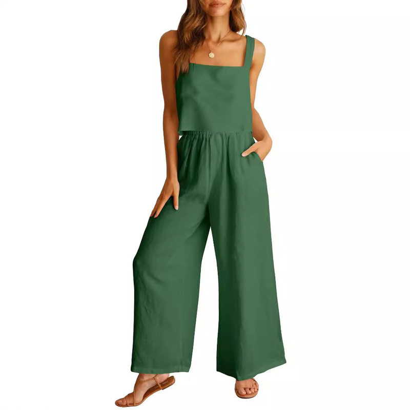 New Cross-border Foreign Trade Women's Clothing Amazon Square Collar Sleeveless Camisole Wide-leg Trousers Cotton and Linen Casual suit