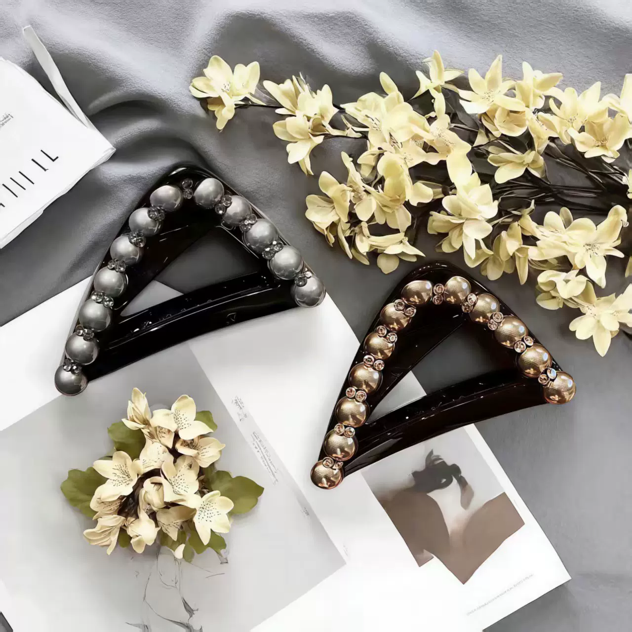 八公分新款香槟色珍珠抓夹立体感亚克力发夹女后脑勺盘发鲨鱼夹女