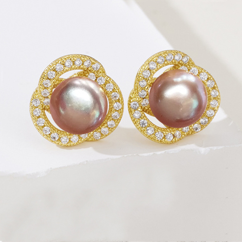 새둥지 진주 귀걸이 (골드+라벤더 비즈)