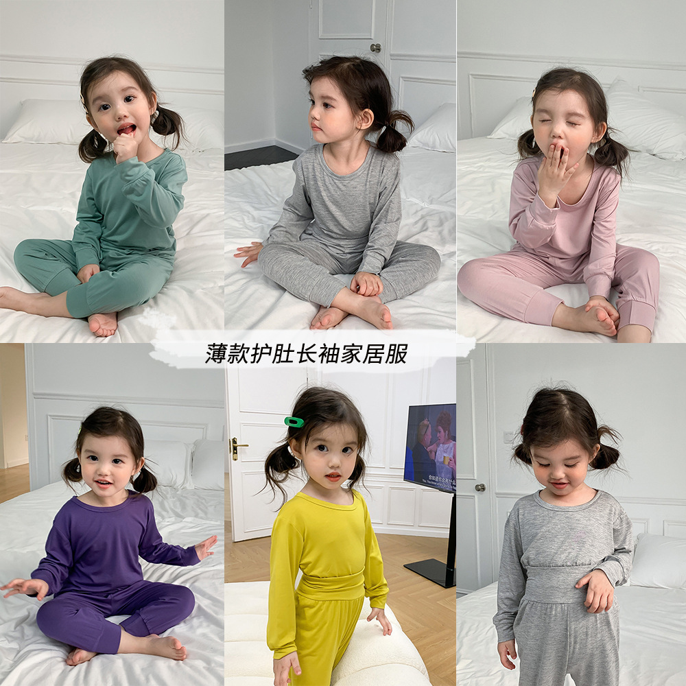 Children's Wear Belly Air-conditioning Wear Thin Long-sleeved Trousers Children's Soft Waxy Moodle Home Clothes Boys and Girls Pajamas Cover