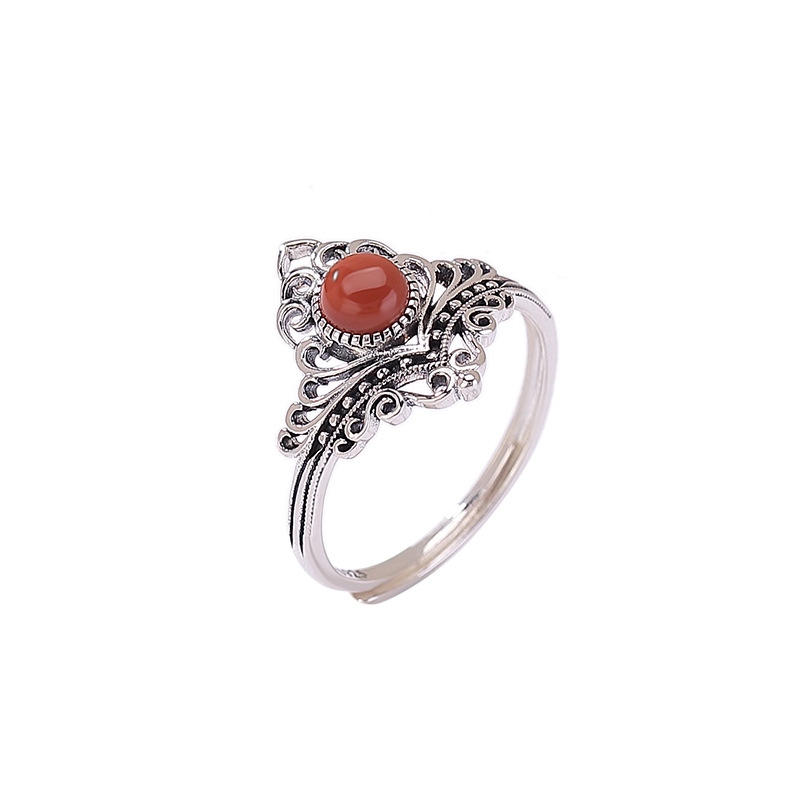 Nhẫn nữ bạc S925 đính đá mã não đỏ và ngọc lam, kiểu vương miện cổ điển, dạng mở điều chỉnh — Ngọc lam