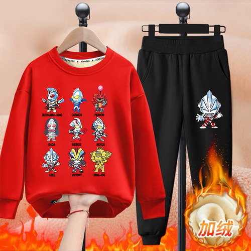 Ultraman Boys' Fleece Sweatshirt Set, Winter One-Piece Fleece, 2025 New Arrival Kids' Sweatpants Sports Suit Two-Piece Set