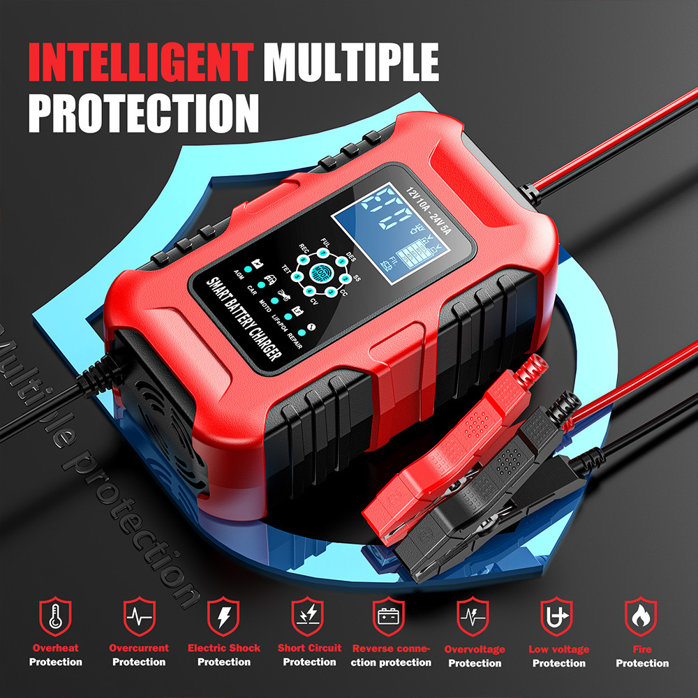 12V10A 24V5A battery charger, lead-acid battery charging and pulse repair device, red, European standard