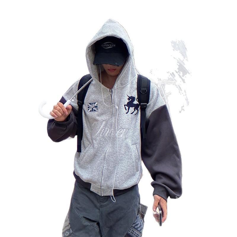 Men's Clothing Unisex Street Style Hooded Cardigan Raglan Sleeve Patchwork Embroidered Loose Casual Top Trendy Versatile Jacket Sweatshirt_viptrois.com