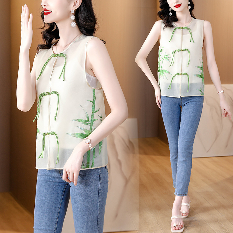 Green Silk Organza Vest Women's 2023 Summer New Style Heavy Industry Guofeng Embroidered New Chinese Style Vintage Shirt