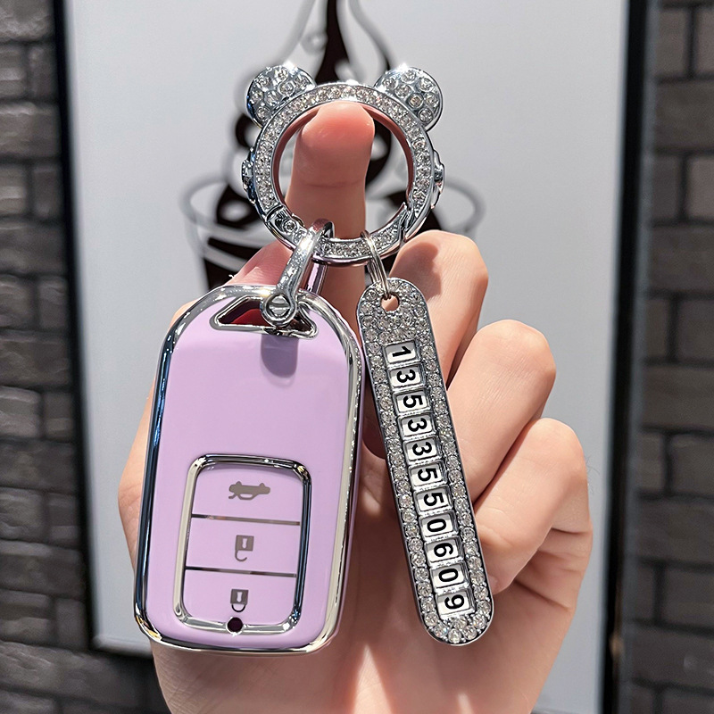 BT 키 유형 C - 스마트 3버튼 [싱글 쉘 퍼플] + 실버 우주 비행사 다이아몬드 버클 + 실버 번호판